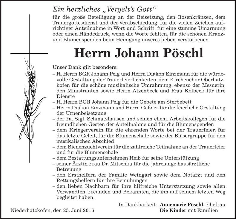 Traueranzeige Pöschl Johann