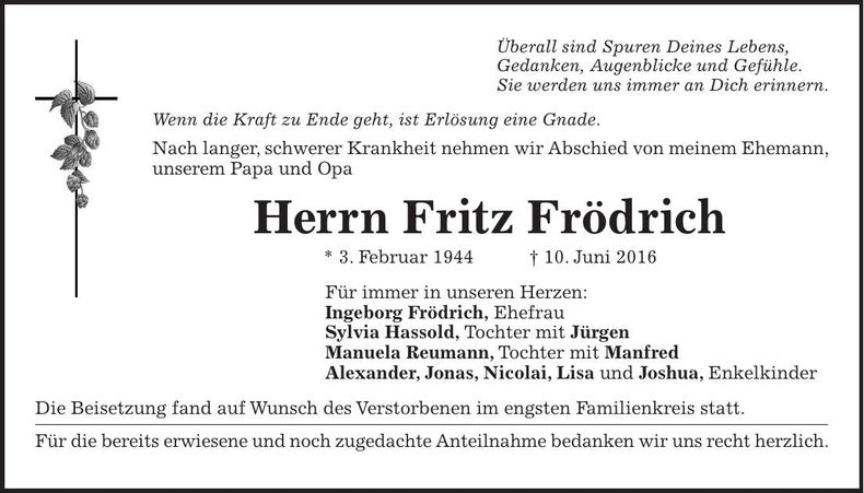 Traueranzeige Fritz Frödrich