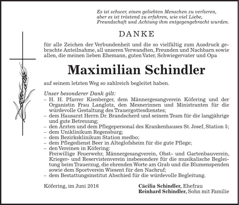 Traueranzeige Maximilian Schindler