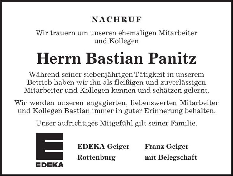 Traueranzeige Bastian Panitz