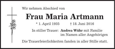 Traueranzeige Maria Artmann