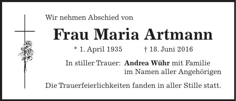 Traueranzeige Maria Artmann