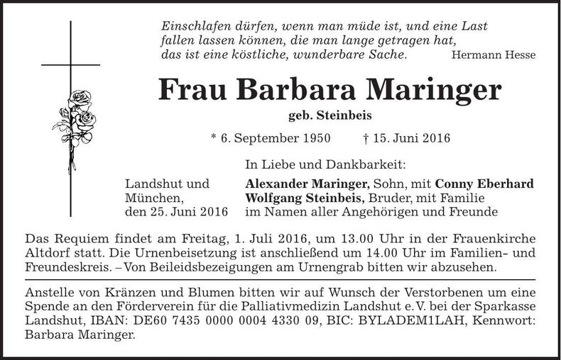Traueranzeige Barbara Maringer