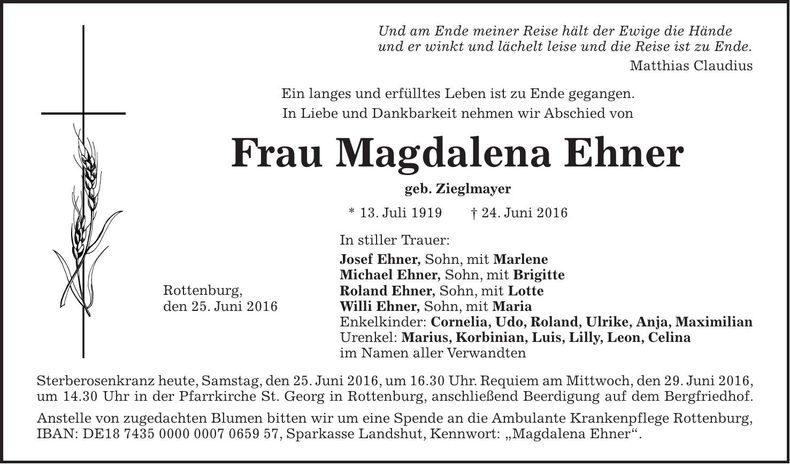 Traueranzeige Magdalena Ehner