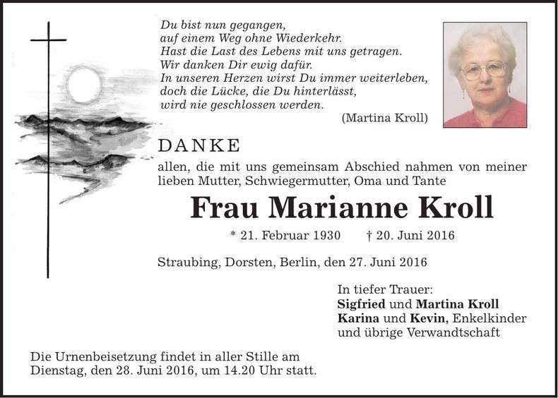 Traueranzeige Marianne Kroll