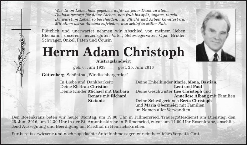 Traueranzeige Adam Christoph