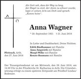 Traueranzeige Anna Wagner