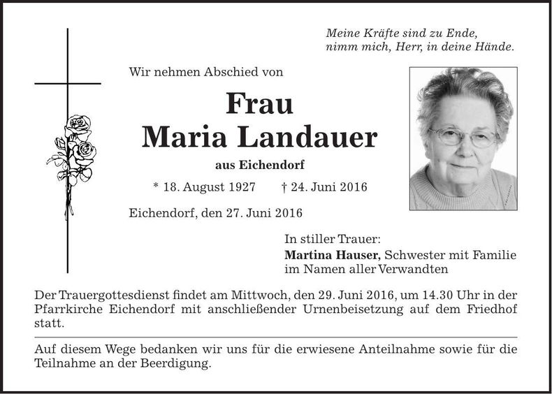 Traueranzeige Maria Landauer