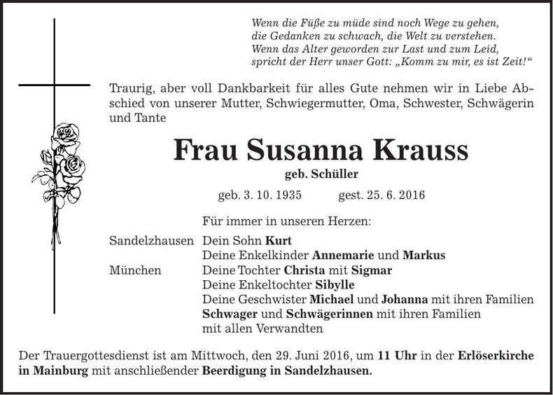 Traueranzeige Susanne Krauss