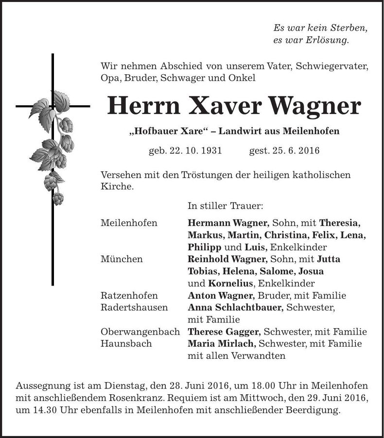 Traueranzeige Xaver Wagner