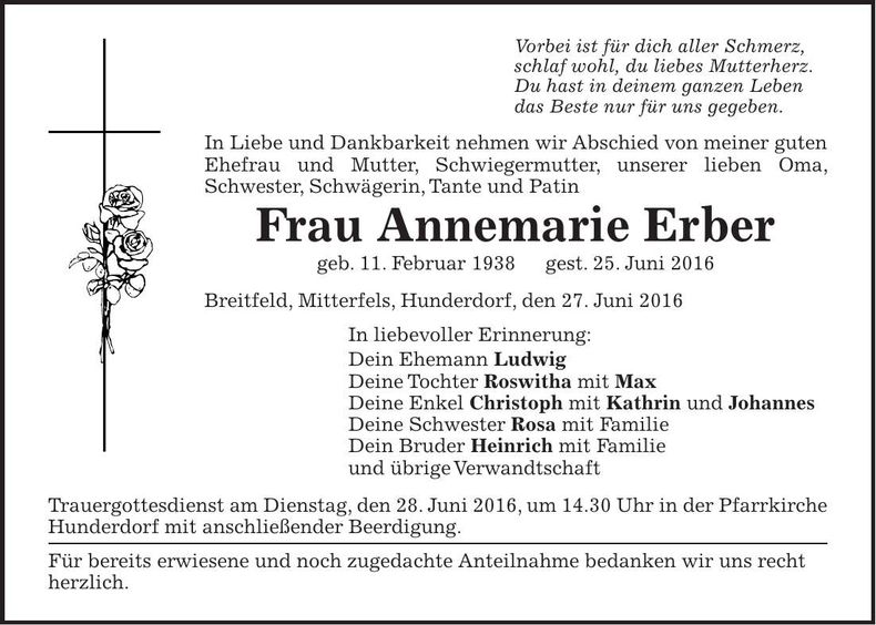 Traueranzeige Annemarie Erber