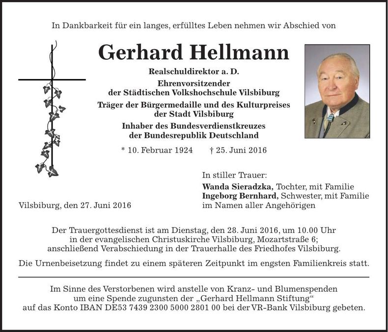 Traueranzeige Gerhard Hellmann