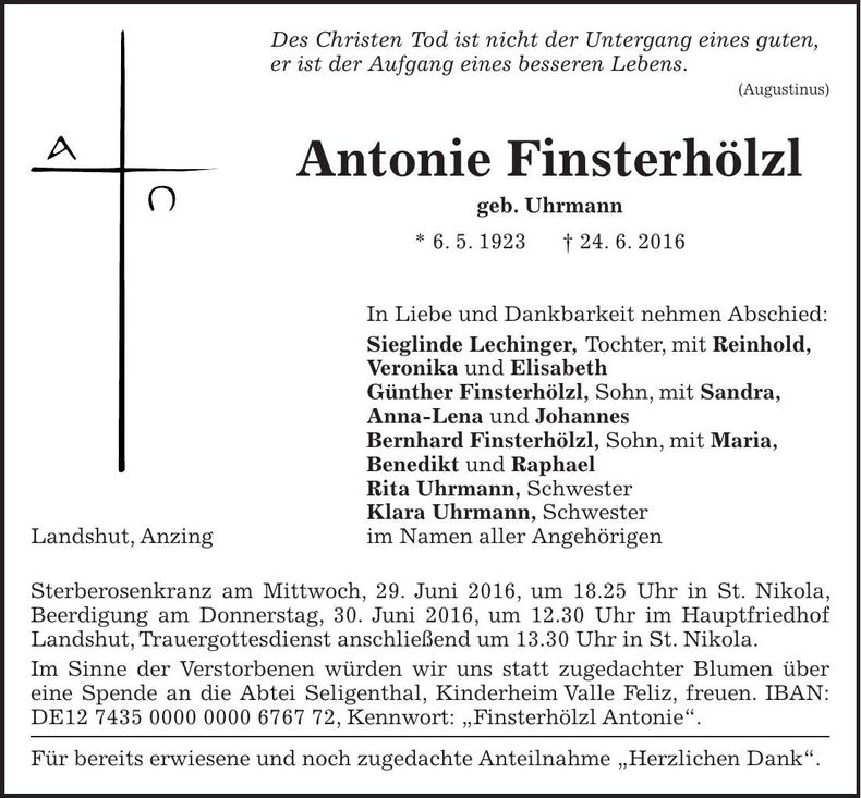 Traueranzeige Antonie Finsterhölzl