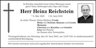 Traueranzeige Heinz Reichstein