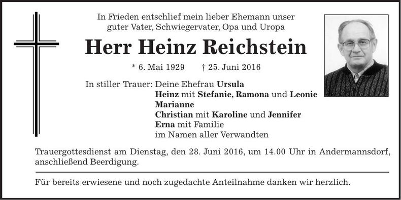 Traueranzeige Heinz Reichstein