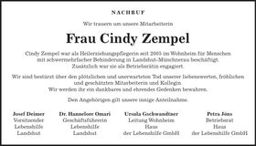 Traueranzeige Cindy Zempel
