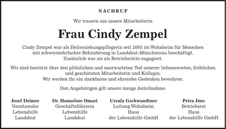 Traueranzeige Cindy Zempel