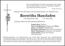 Traueranzeige Roswitha Hausladen