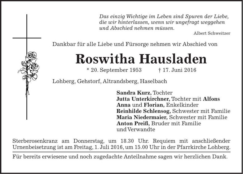 Traueranzeige Roswitha Hausladen