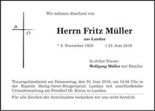 Traueranzeige Fritz Müller
