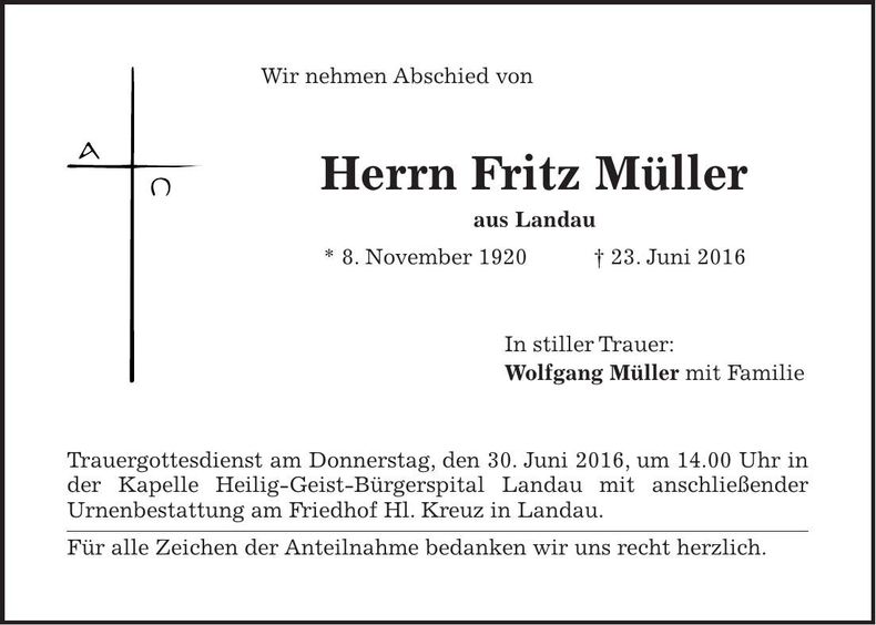 Traueranzeige Fritz Müller