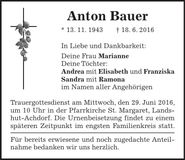Traueranzeige Anton Bauer
