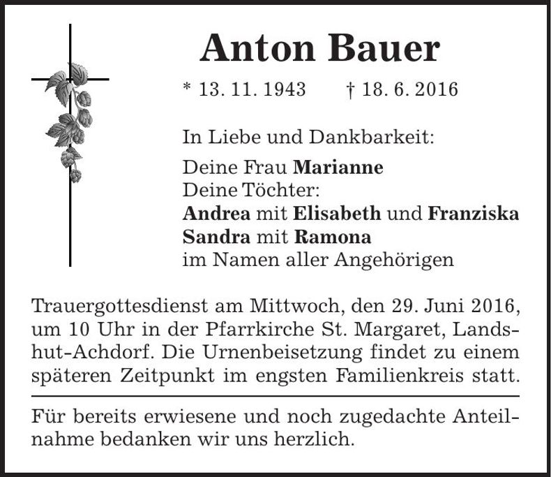 Traueranzeige Anton Bauer