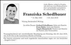 Traueranzeige Franziska Schedlbauer
