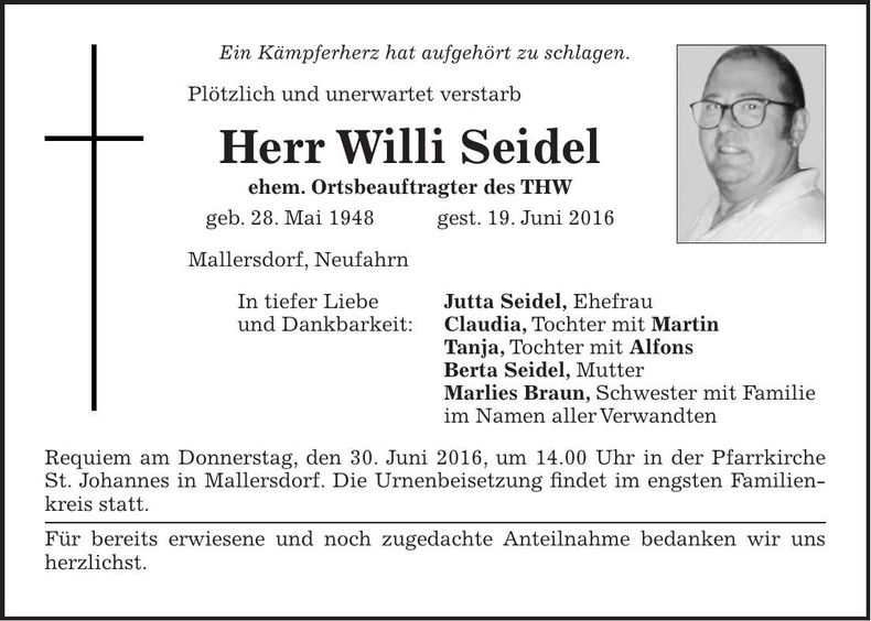 Traueranzeige Willi Seidel