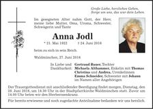 Traueranzeige Anna Jodl