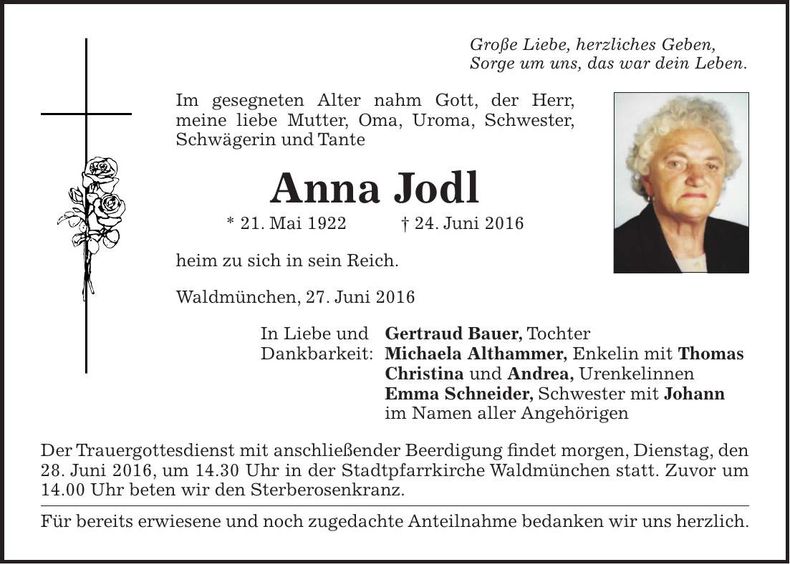 Traueranzeige Anna Jodl