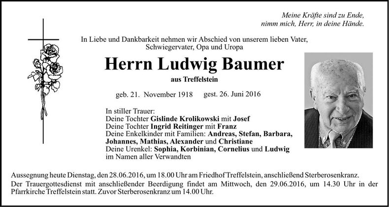 Traueranzeige Ludwig Baumer
