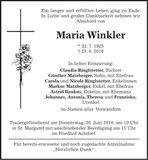Traueranzeige Maria Winkler