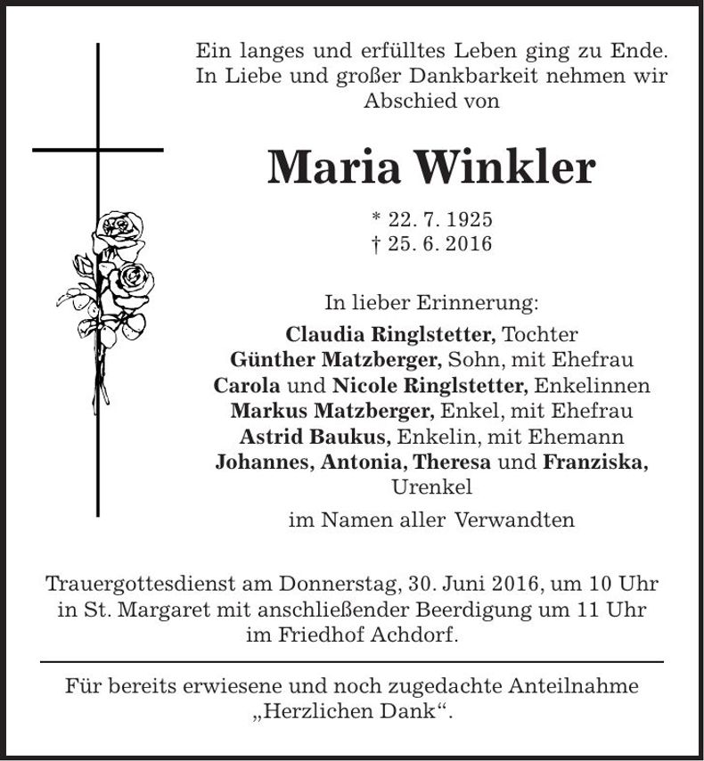 Traueranzeige Maria Winkler