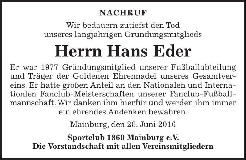 Traueranzeige Hans Eder