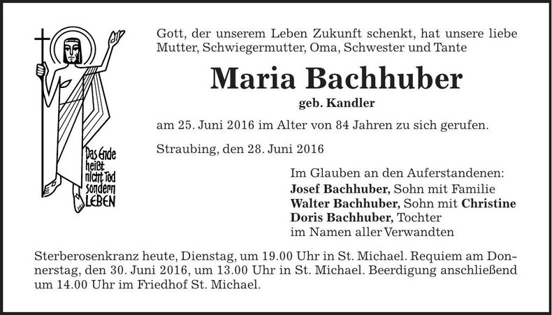 Traueranzeige Maria Bachhuber