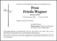 Traueranzeige Frieda Wagner
