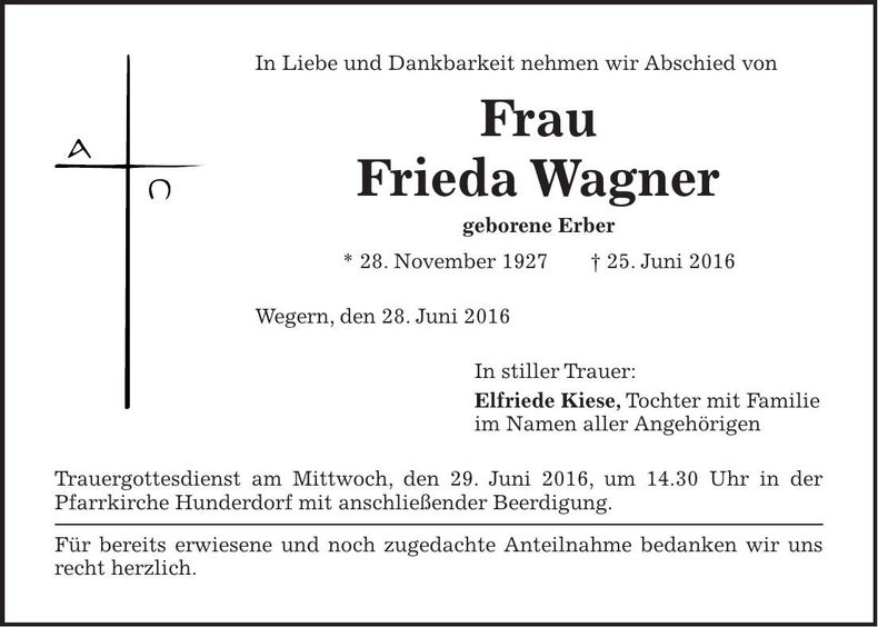 Traueranzeige Frieda Wagner