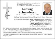 Traueranzeige Ludwig Schmaderer