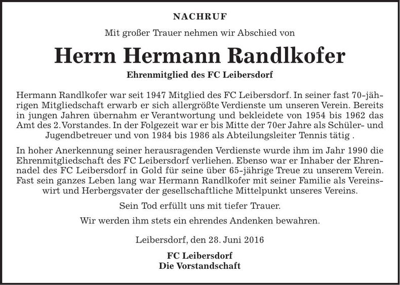 Traueranzeige Hermann Randlkofer