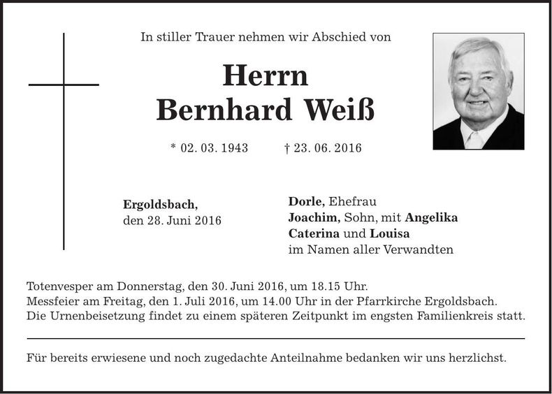 Traueranzeige Bernhard Weiß