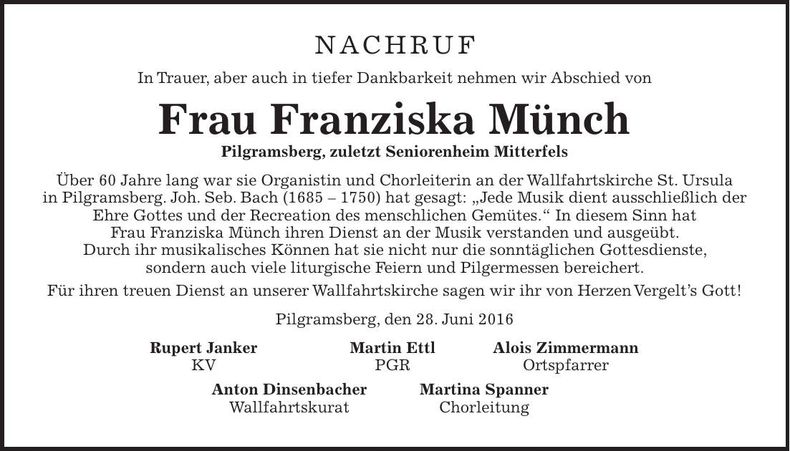 Traueranzeige Franziska Münch