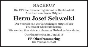 Traueranzeige Josef Schweikl