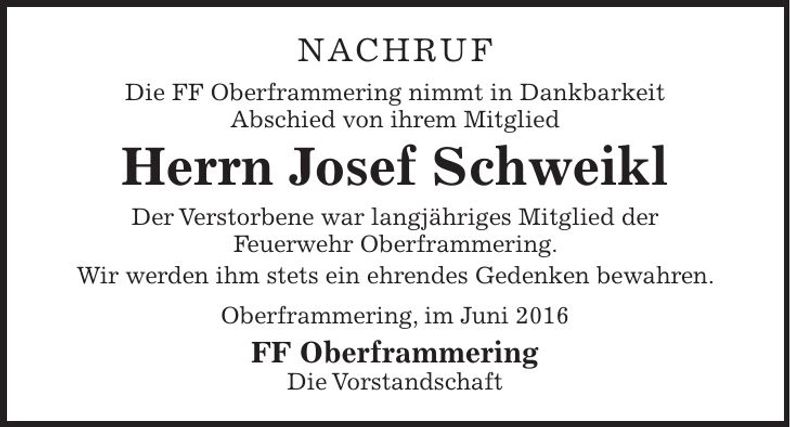 Traueranzeige Josef Schweikl