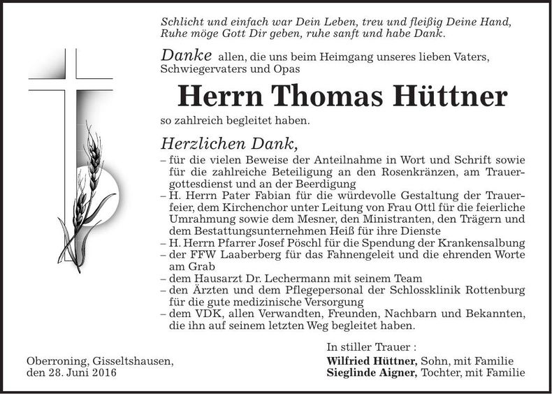 Traueranzeige Thomas Hüttner