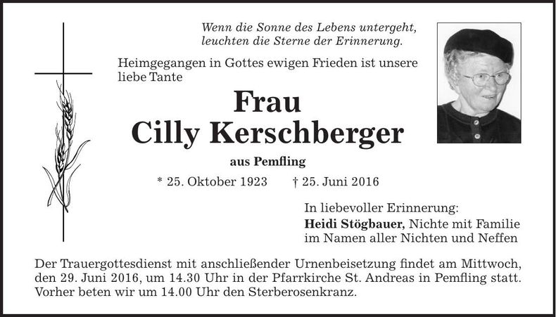 Traueranzeige Cilly Kerschberger