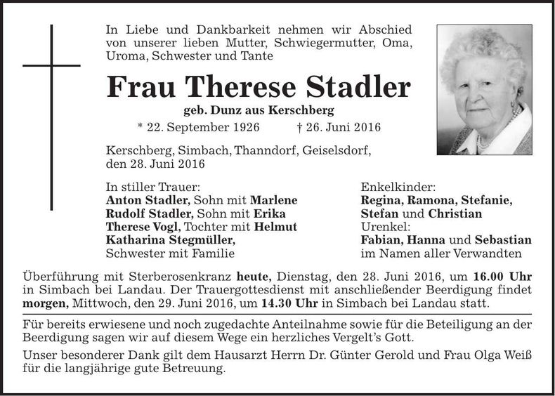 Traueranzeige Therese Stadler