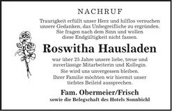 Traueranzeige Roswitha Hausladen