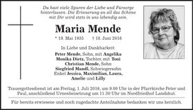 Traueranzeige Maria Mende