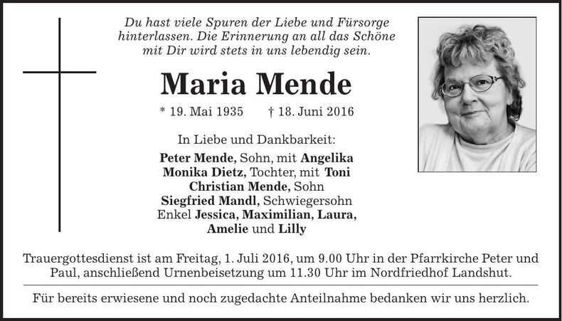 Traueranzeige Maria Mende